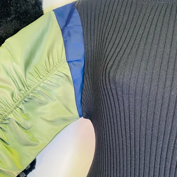 Zara Ribbed Black Midi Dress with Ruched Olive Green and Blue Bomber Sleeves - Picture 6 of 12